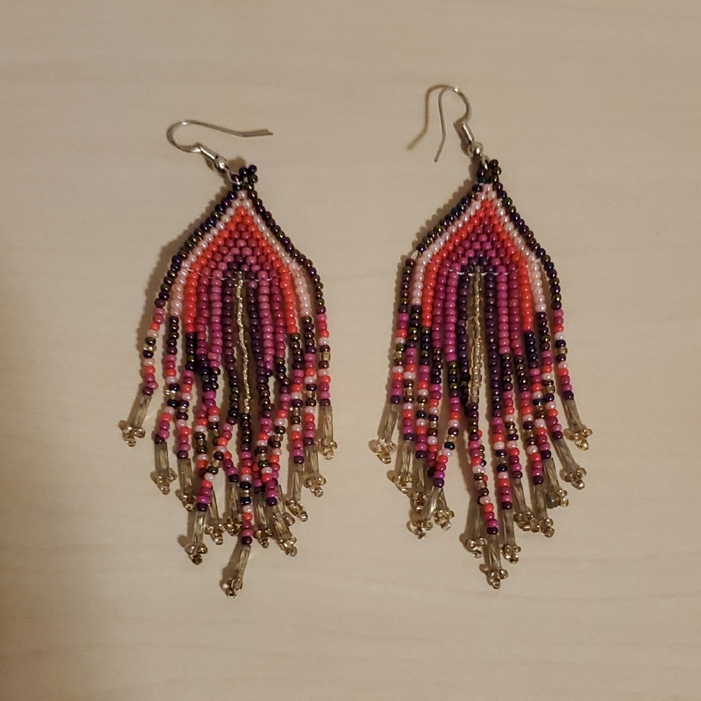Beaded Fringe Earrings with Black, Pink, Purple, White, Silver, and Gold Beads - Picture 3 of 3
